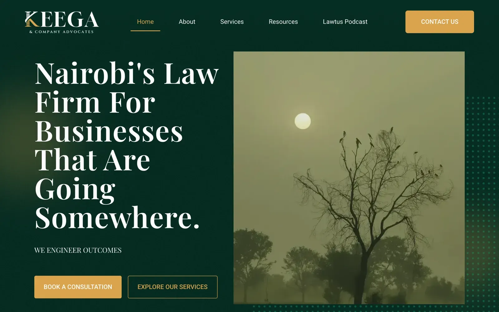 Keega & Co. home page with the headline Nairobi's Law Firm For Businesses That Are Going Somewhere