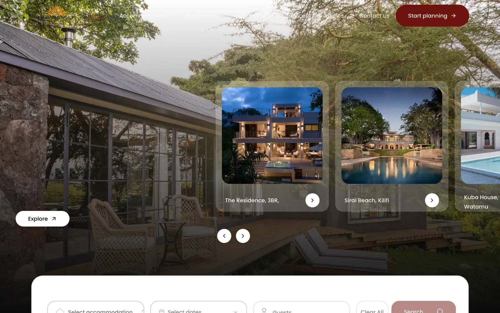 Coastal Soul home page with villa cards over a garden photo