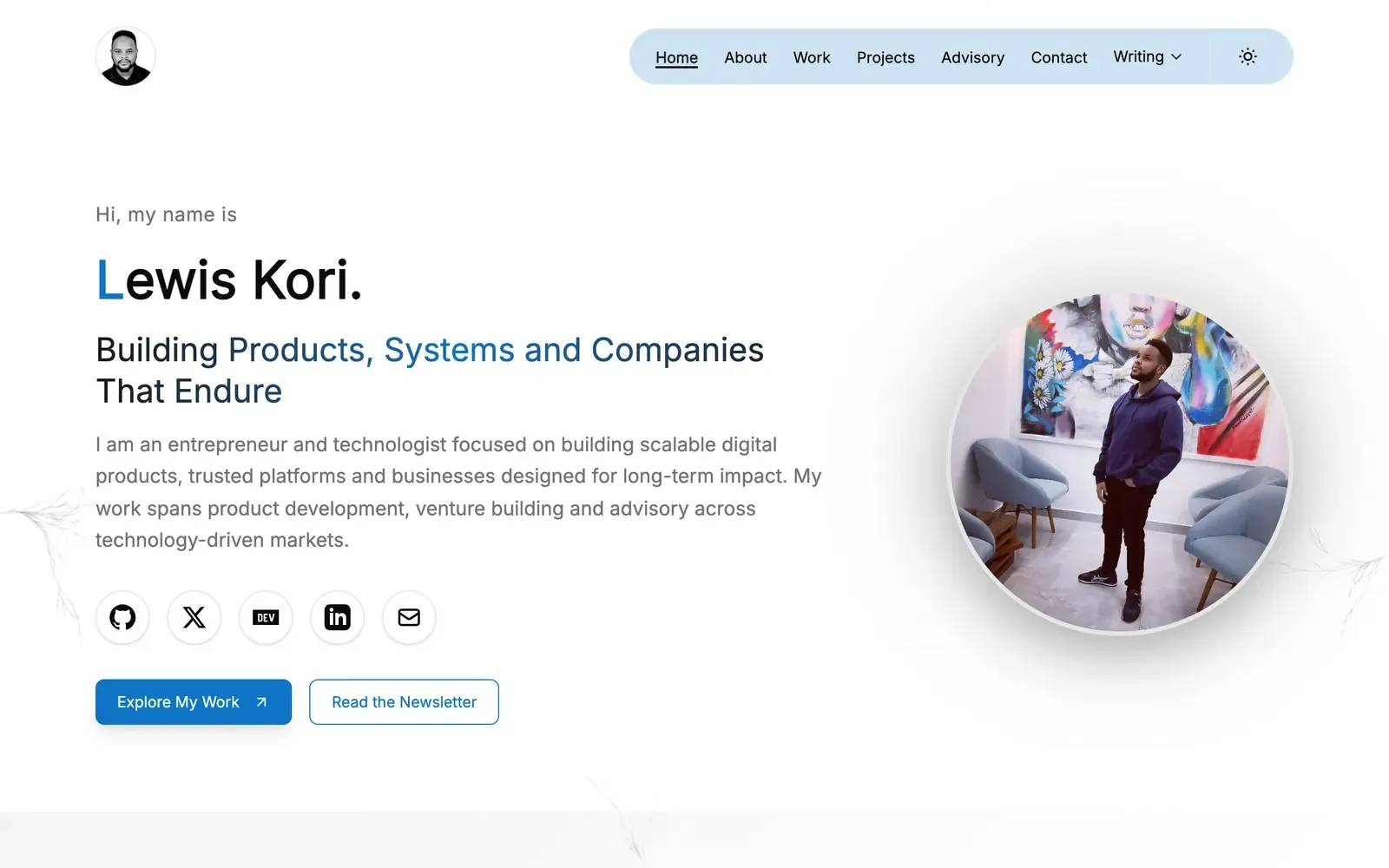 Lewis Kori home page with his portrait and introduction