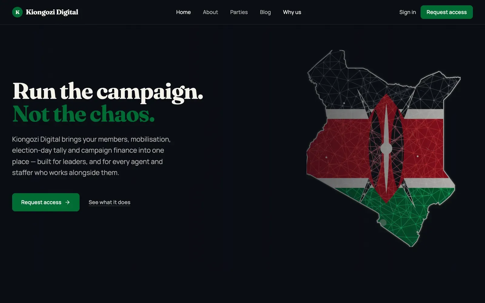 Kiongozi Digital home page with a map of Kenya and the headline Run the campaign. Not the chaos.